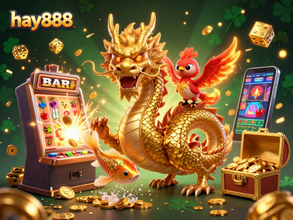 Experience the thrill of winning with hay888 in this vibrant 3D casino illustration featuring a dragon, phoenix, and koi fish.