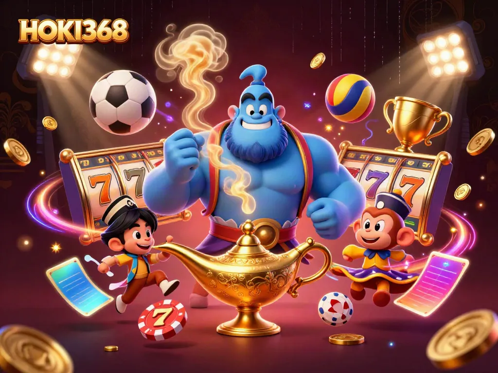 Experience jackpot thrills with HOKI368 featuring a genie, poker chips, and dynamic slot reels.