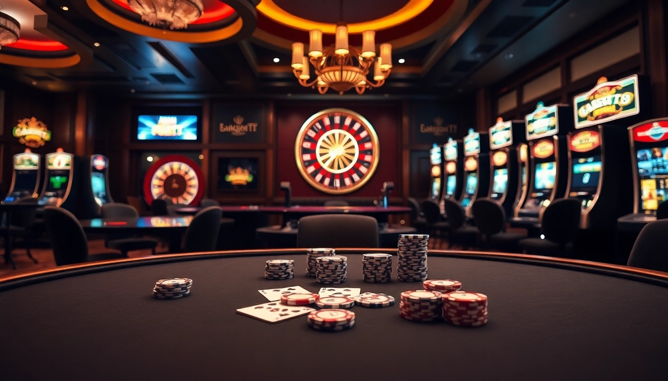 Exciting poker game scene featuring 88TT chips and cards in a luxurious casino setting.