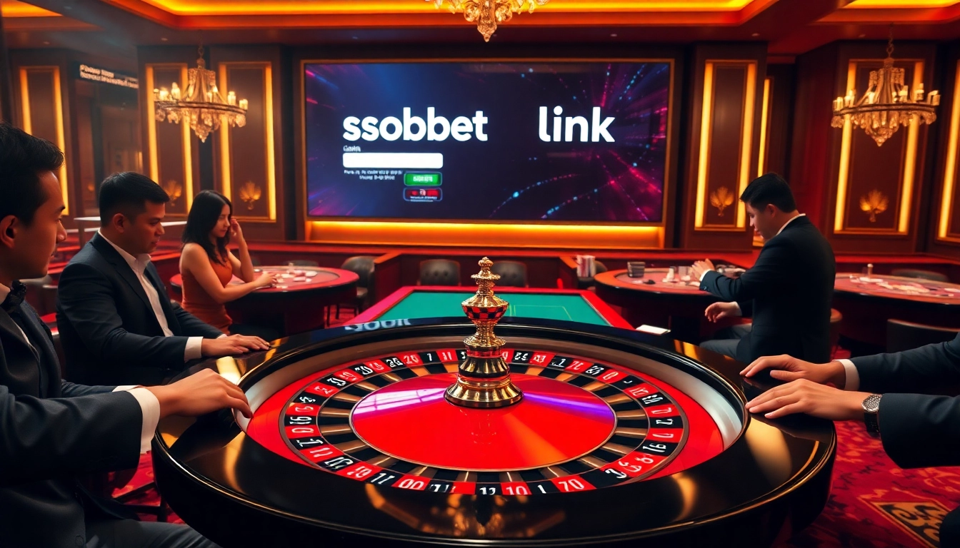 Sbobet link login displayed prominently on a digital screen in a luxurious casino scene with players at roulette tables.