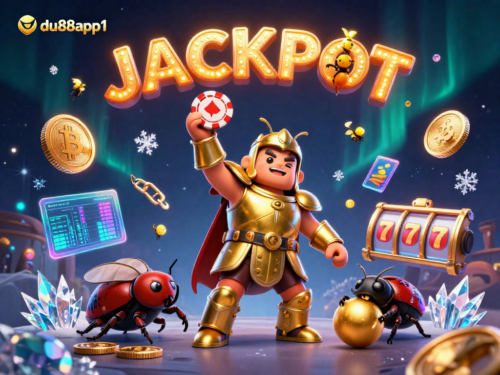 Engage with du88app1 as the victorious beetle raises a poker chip amid dazzling casino elements.