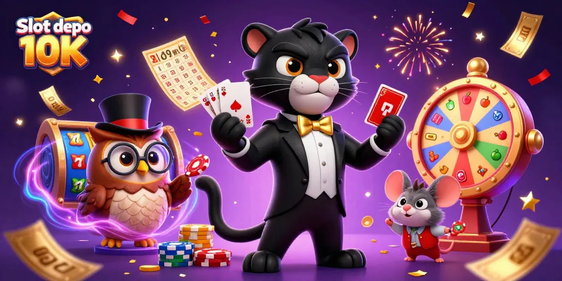 Engage with Slot depo 10K's vibrant jackpot scene featuring dynamic slot game elements and festive characters.