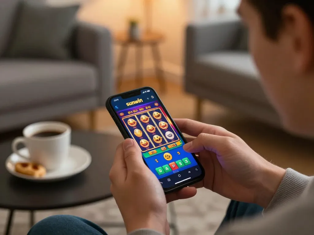 Player enjoying sunwin app on smartphone in cozy home setting, reflecting online gambling excitement