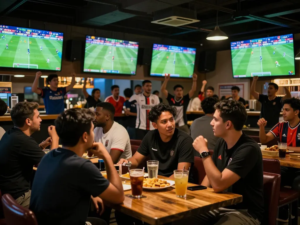 Engaged fans watching live matches on Cakhia TV at a lively sports bar, celebrating goals and betting moments.