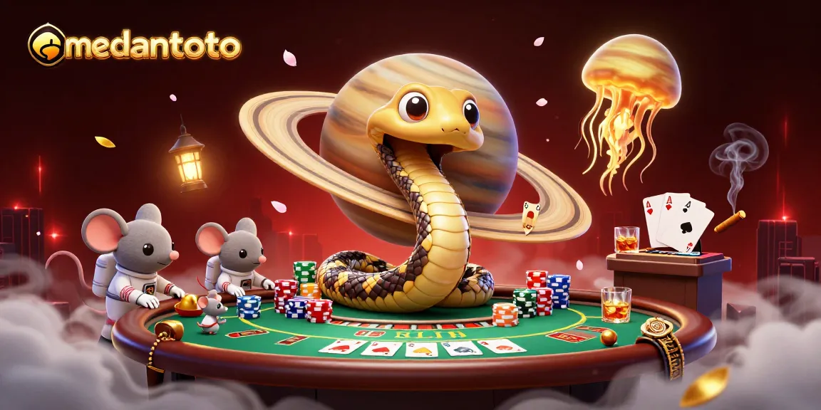 Medantoto menampilkan para tikus astronot bertaruh pada roulette berhiaskan sosok ular Saturnus.