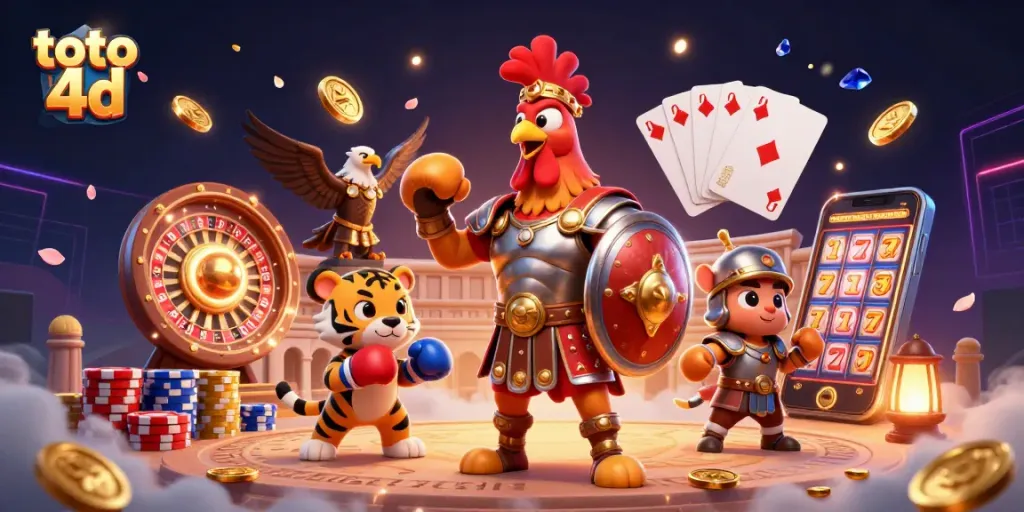 Menang dalam toto 4d dengan ilustrasi kaya elemen permainan kasino yang beragam dan menarik.
