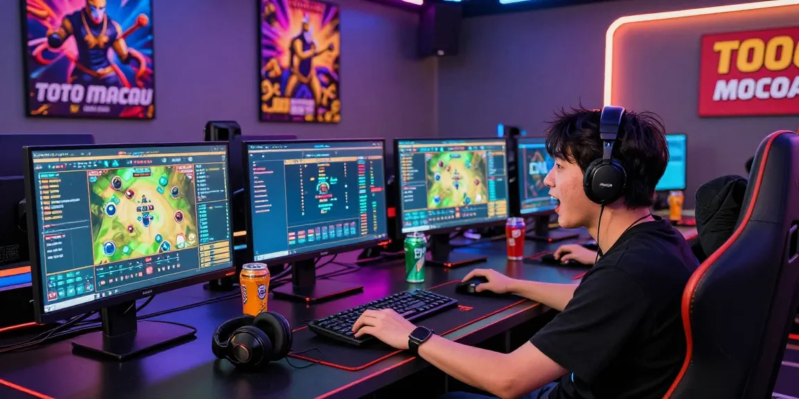 Aspebindo.org - Pemain aktif di situs Toto Macau, dikelilingi oleh layar dan aksesori gaming, menampilkan pengalaman bermain yang menarik.
