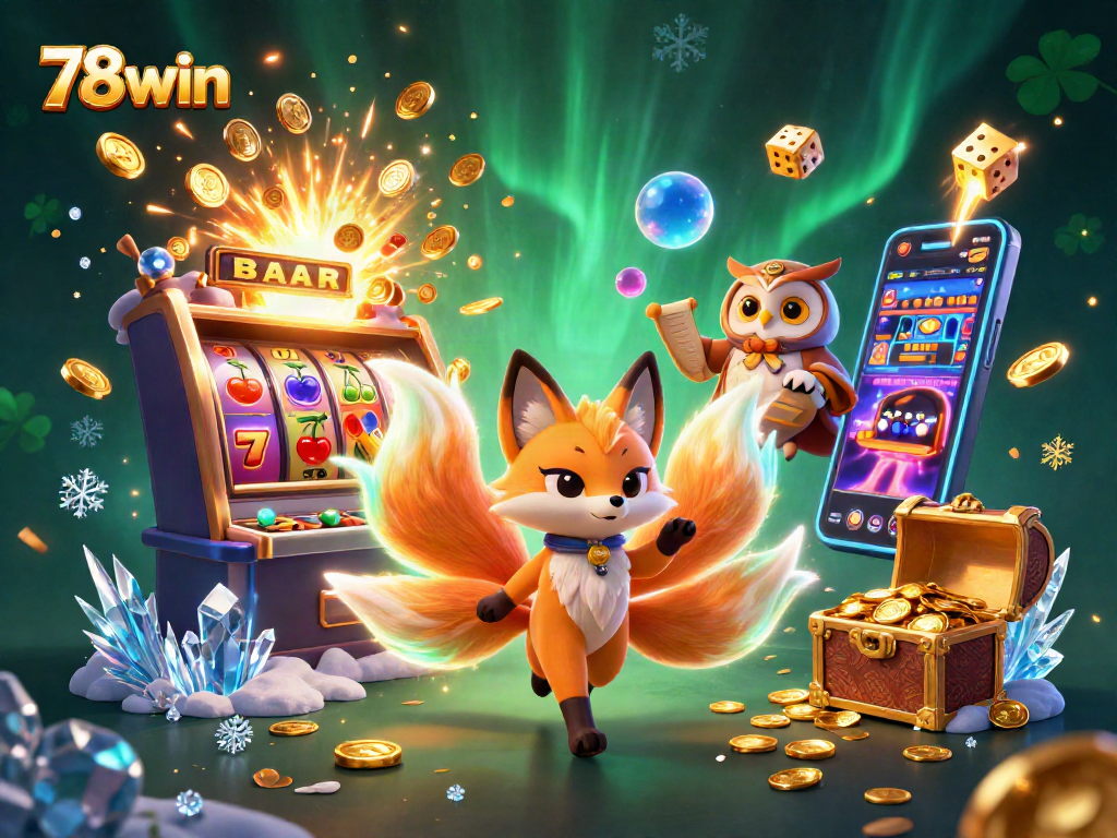 Experience the vibrant world of 78win with a dynamic scene of a nine-tailed fox and an owl amidst casino excitement.