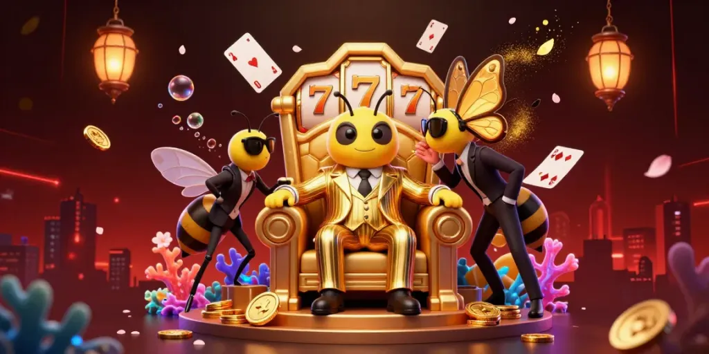 Experience MANTIS88 with thrilling casino adventures featuring a cartoon bumblebee mob boss and dazzling gold coins.
