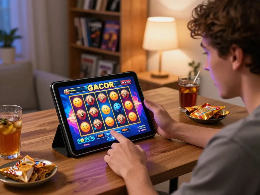 Excited player engaging with slot gacor game displayed on tablet in a cozy home environment.