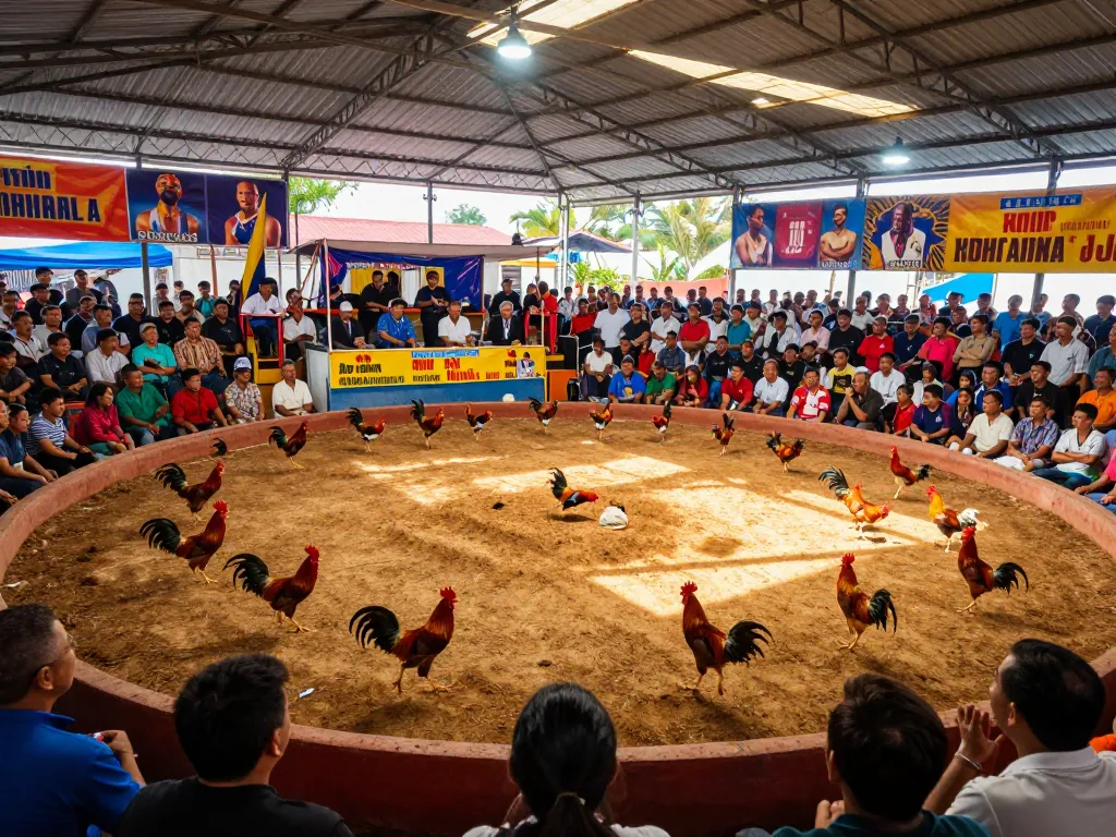 Chiêm ngưỡng những pha hành động thú vị của đá gà thomo HD trong một đấu trường đá gà sôi động với khán giả cổ vũ.