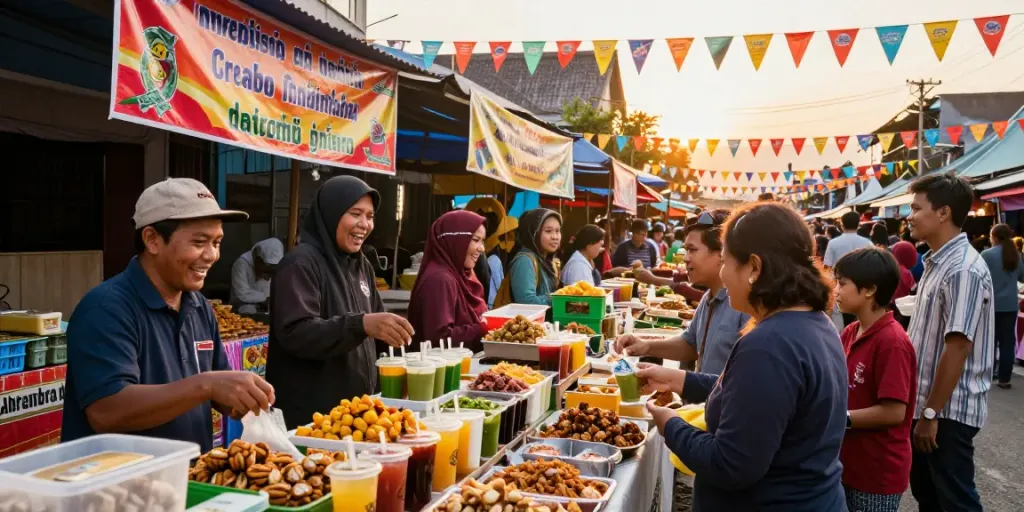 Pasar jalanan di Cirebon Toto yang ramai dengan makanan lokal dan suasana meriah.