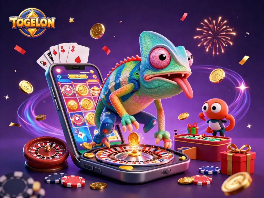 Engage with TOGELON's vibrant casino scene featuring a dynamic chameleon and rich game elements.