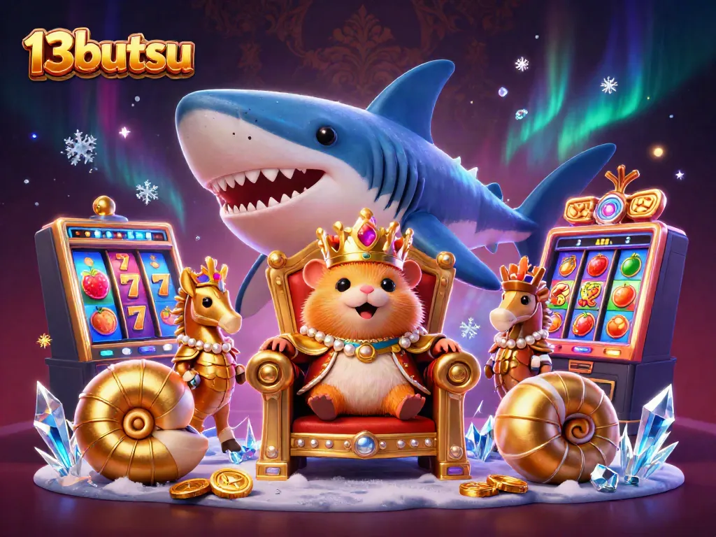 Experience the bright energy of a colorful 13butsu themed casino game scene with a tiny golden hamster king and colorful slot machines.