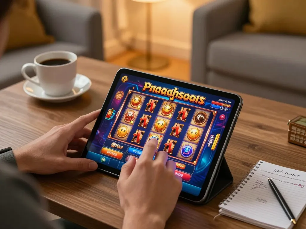 Pemain Pandawin terlibat dengan permainan slot yang menarik di tablet dalam suasana rumah yang nyaman.