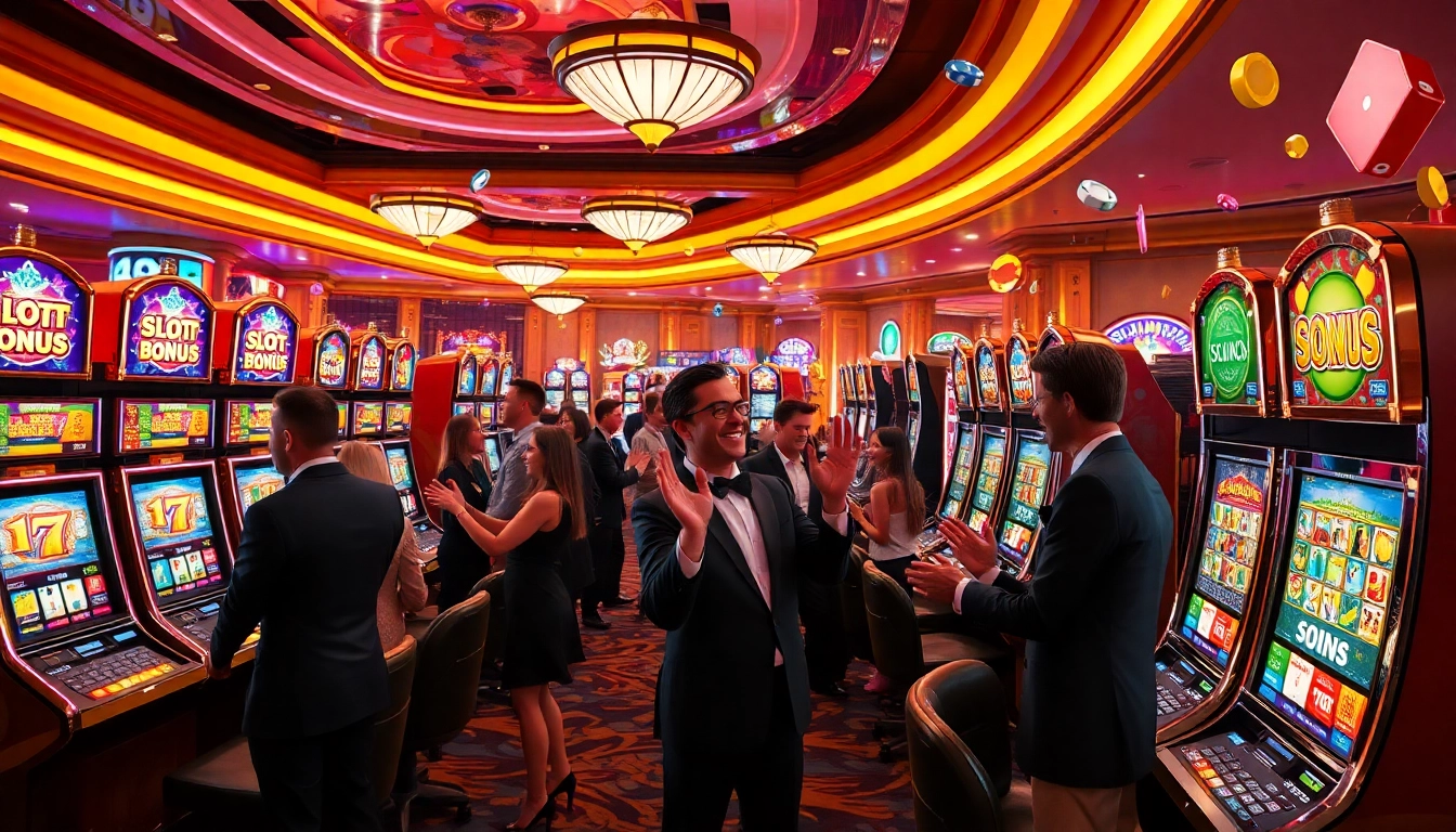 Players enjoying slot machines during a thrilling slot bonus promotion at a luxurious casino.