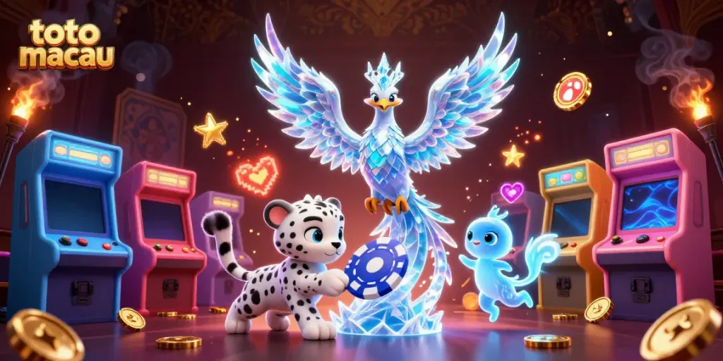 Engage with the dynamic artistry of toto macau featuring an ice phoenix, poker chip, and lively sprites.