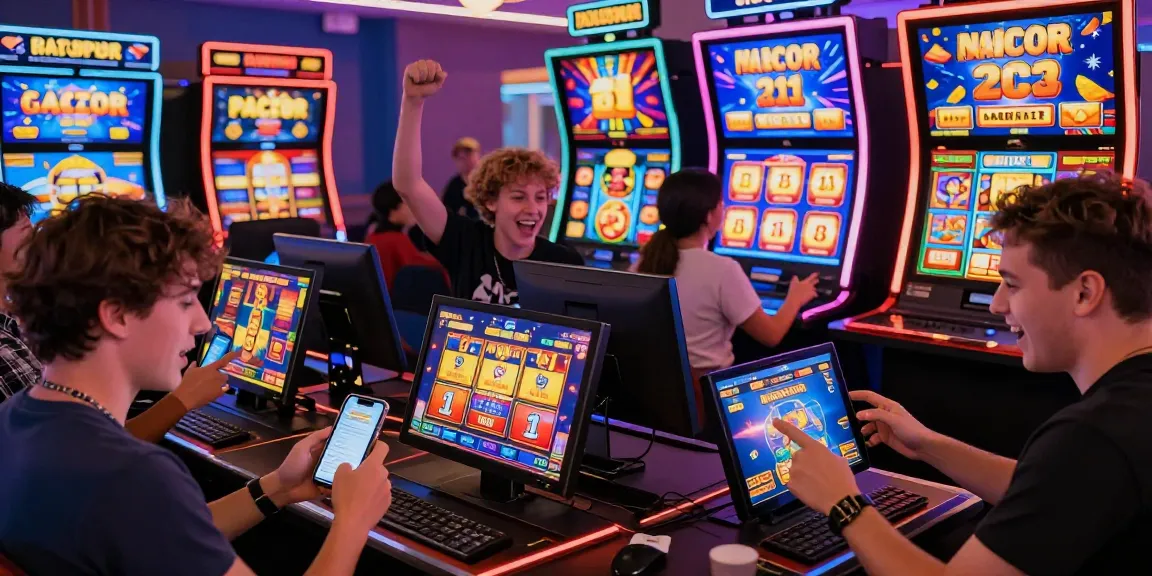 Engaged players enjoying various slot gacor games on a vibrant online casino platform, celebrating wins and interacting in a lively atmosphere.