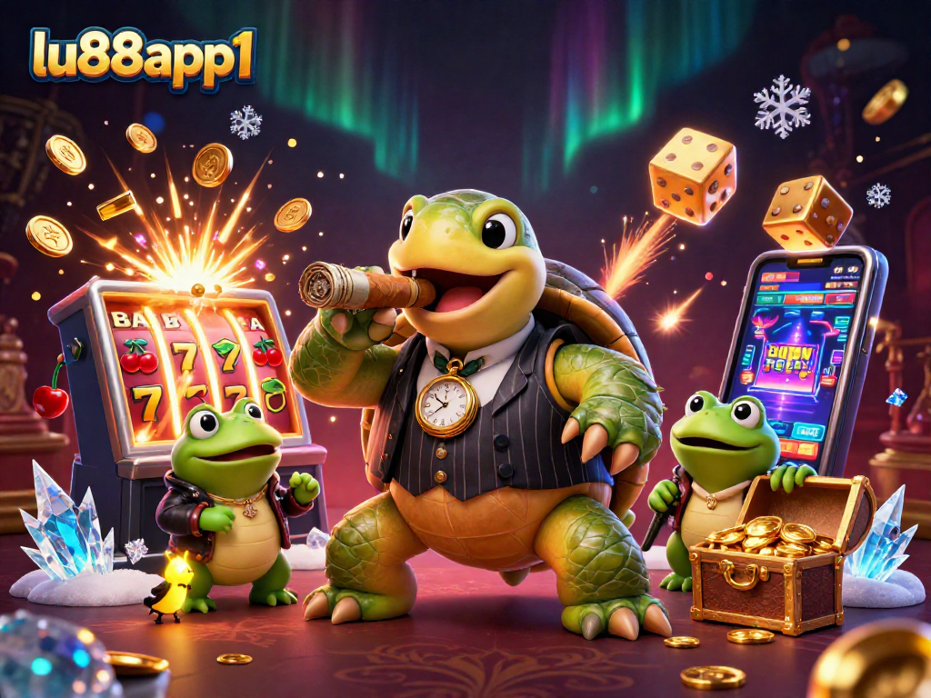 Experience the excitement of lu88app1 with a dynamic scene featuring playful casino characters and game elements.