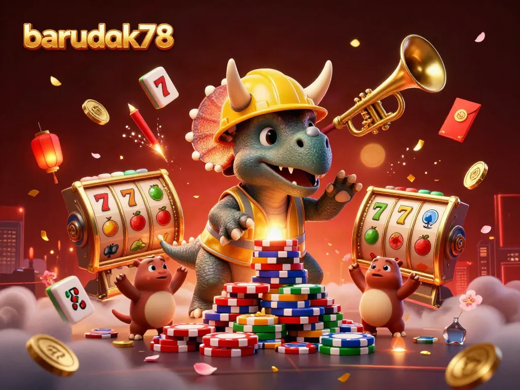 Ilustrasi 3D barudak78 menampilkan triceratops dan parasaurolophus merayakan di kasino.