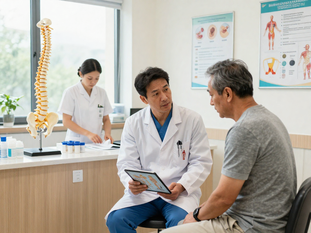 Engaging consultation on bel kayması ameliyatı between a surgeon and patient in a modern clinic.
