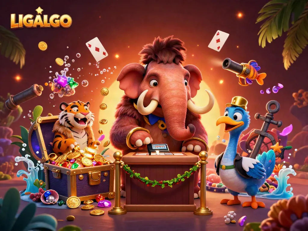 Experience LIGALGO action with a cartoon bouncer, VIP guest, and doorman in a vibrant casino scene.