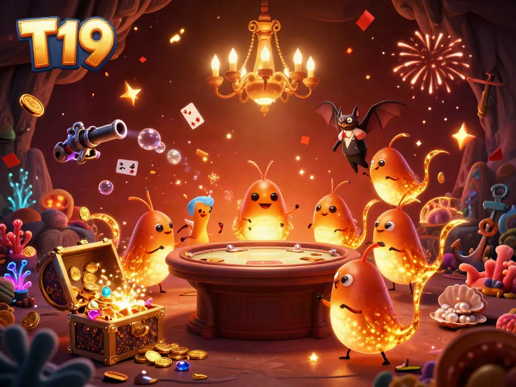 Illuminate your gaming experience at T19 with vibrant glowworms in a cave casino scene.