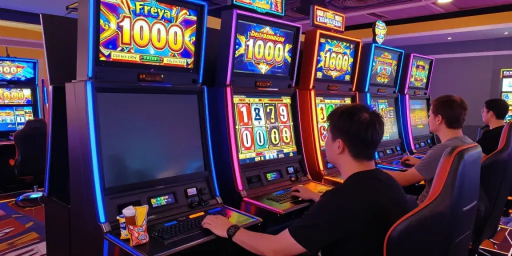Kingliga menampilkan pemain yang terfokus pada mesin slot online dengan suasana kasino yang ceria.
