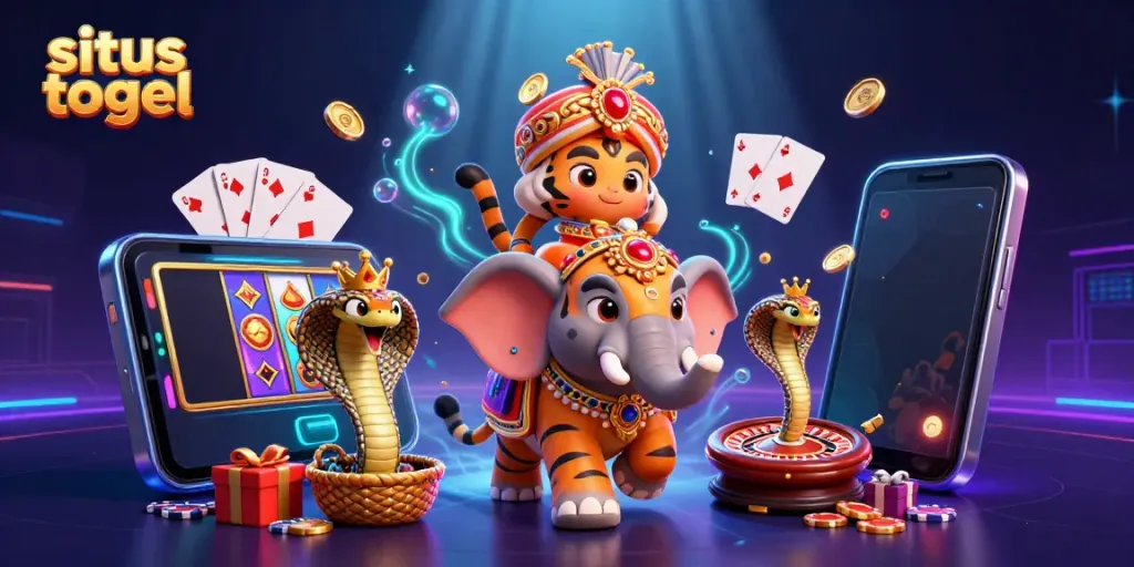 Engage with situs togel through a vivid 3D casino scene featuring an Indian maharaja tiger and gaming elements.
