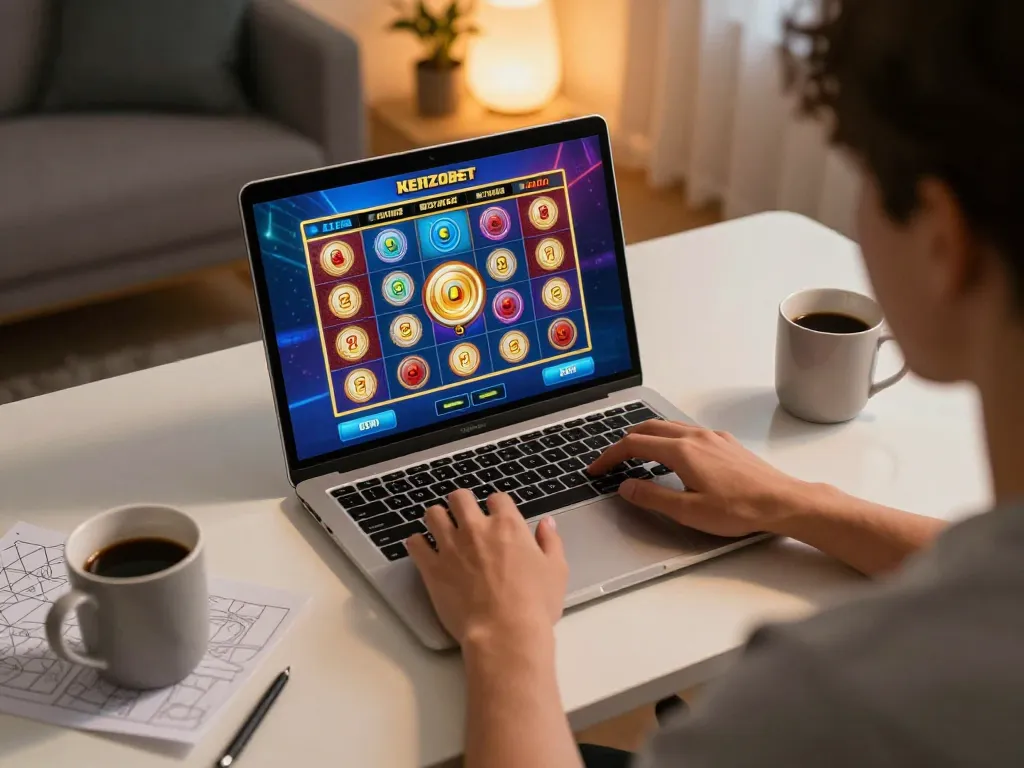 Engaged player enjoying kenzobet slot in a cozy home setting with laptop and strategy notes.