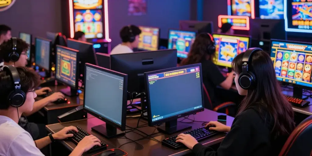 Players enjoying slot gacor games on various devices in a lively gaming lounge atmosphere.