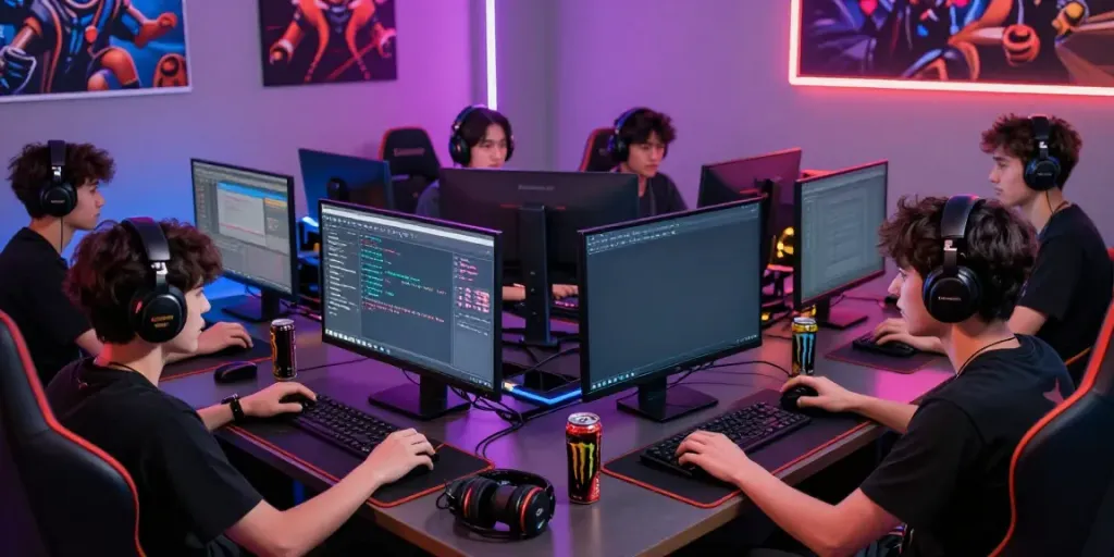 Suasana bermain di Harum4d, pemain antusias dengan perangkat gaming modern.