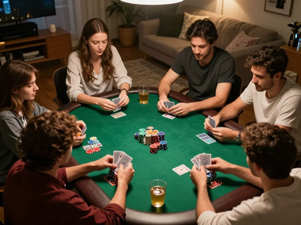 Players enjoying a home poker game while strategizing their next move using jangkar55 insights.