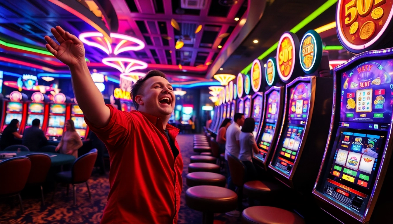 Celebrate a big win on the slot gacor with colorful lights and joyous players.
