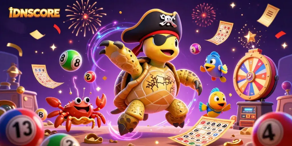 IDNSCORE enriches gameplay with vibrant lottery elements and colorful characters in a dynamic casino setting.