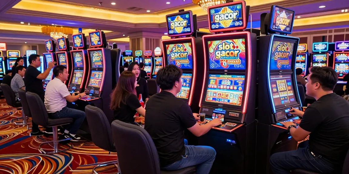 Players enjoying "slot gacor" in a lively casino atmosphere full of excitement.