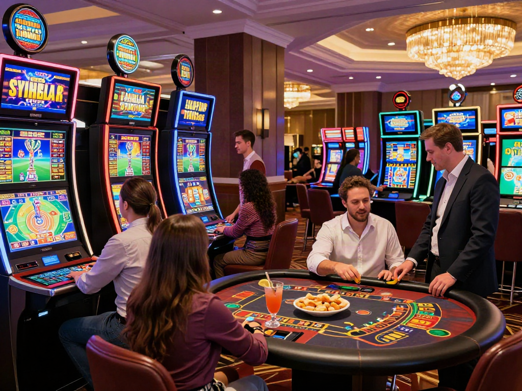 Proses login yumetoto dengan pemain yang berfokus pada permainan slot dan taruhan digital di kasino modern.