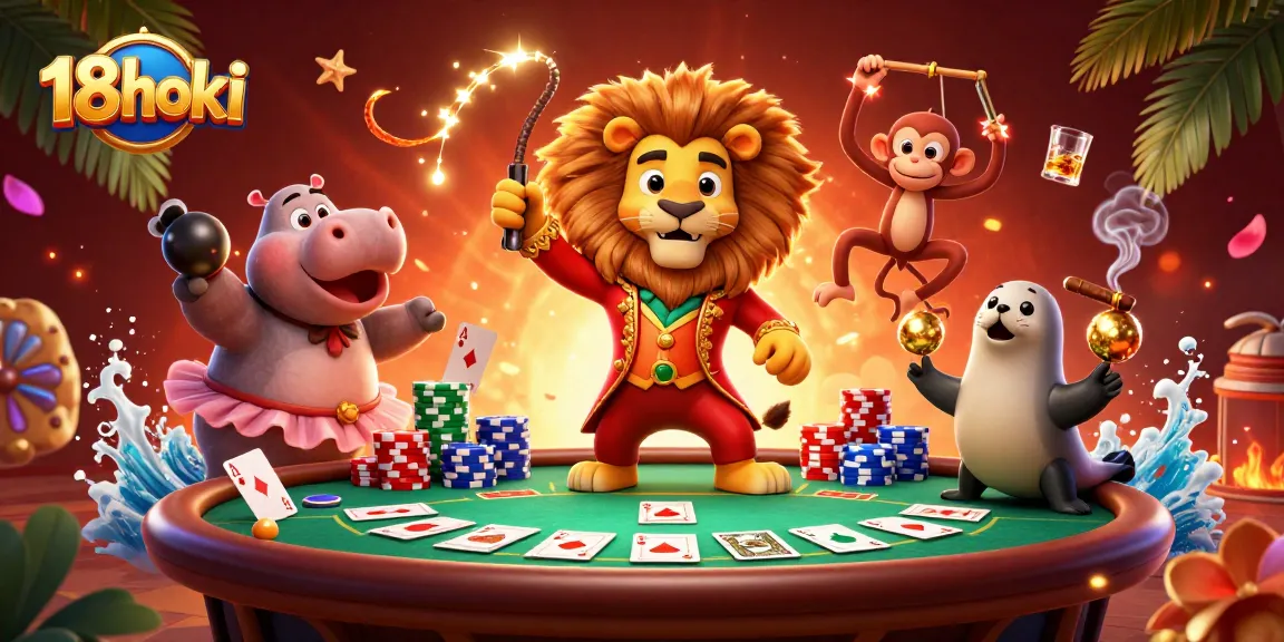 Experience the thrill of 18hoki with a vibrant casino scene featuring animated characters engaging in gambling.