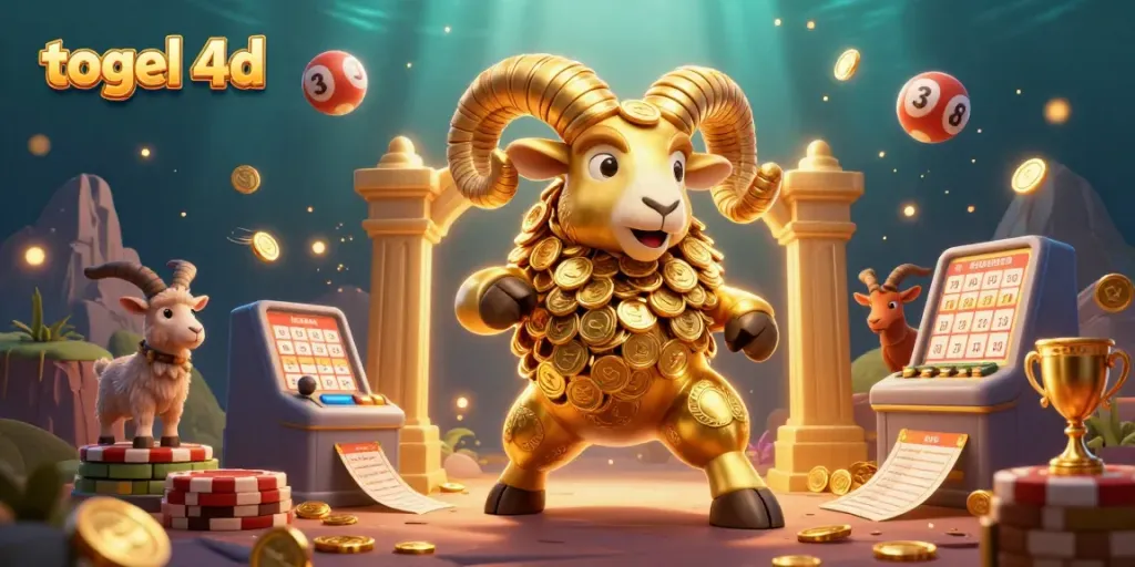 Experience the thrill of togel 4d with a vibrant 3D lottery illustration featuring golden ram, balls, and dynamic elements.