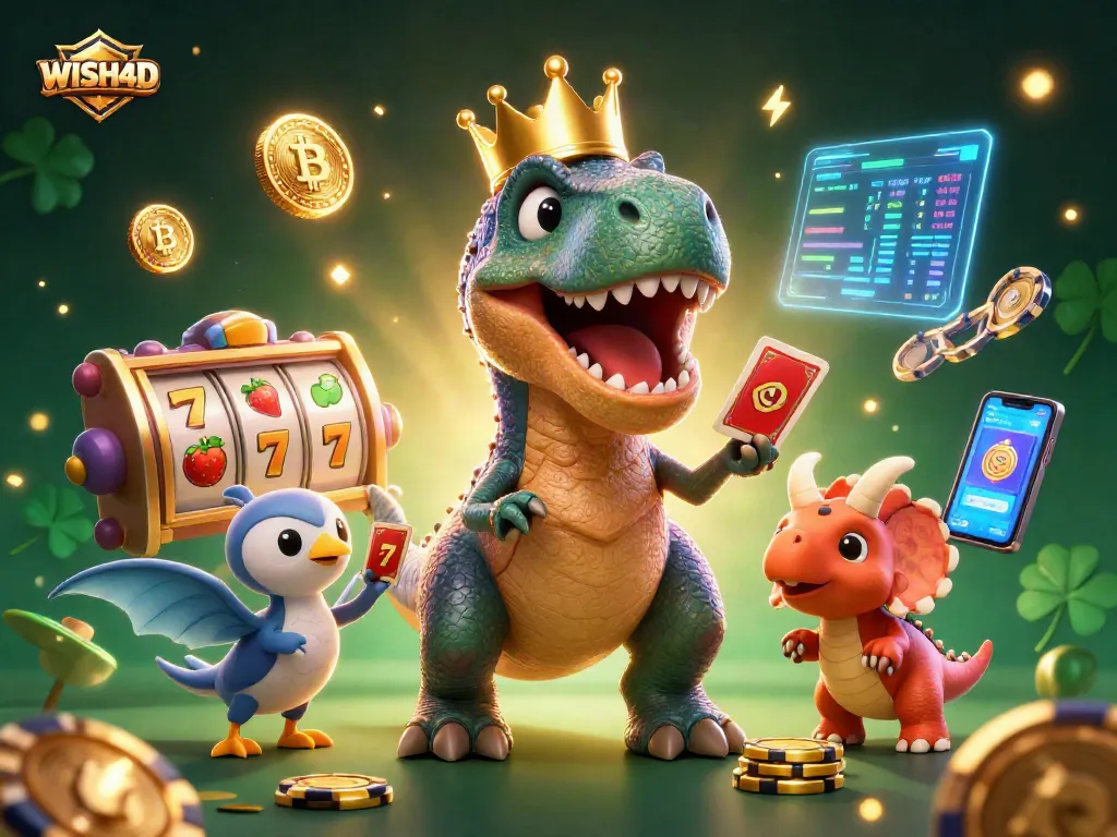 WISH4D presents a playful casino scene with a T-Rex shuffling cards and characters stacking casino chips.