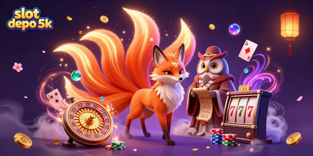 Immerse in the vibrant world of slot depo 5k with glowing fox spirit and magical casino elements.
