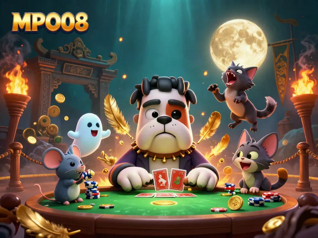 Engage with MPO08's thrilling jackpot strategies amid vibrant casino elements and mystical characters.
