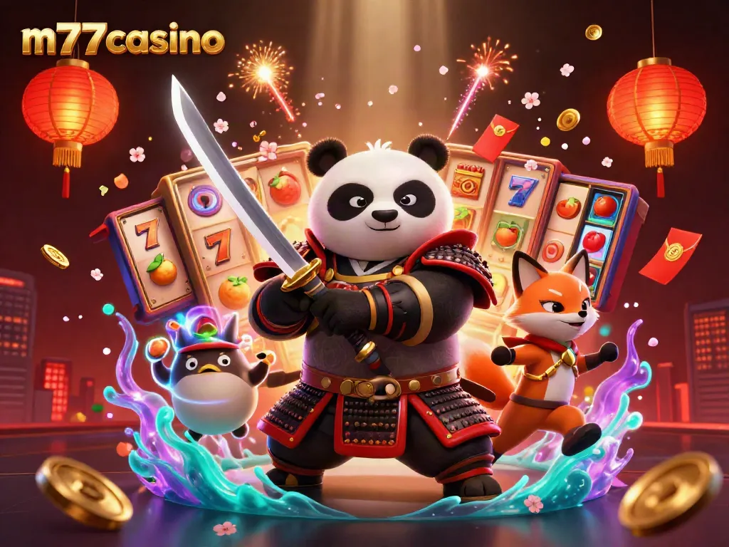 Gambarkan m77casino dengan samurai panda dan ninja rubah beraksi di suasana casino yang meriah.