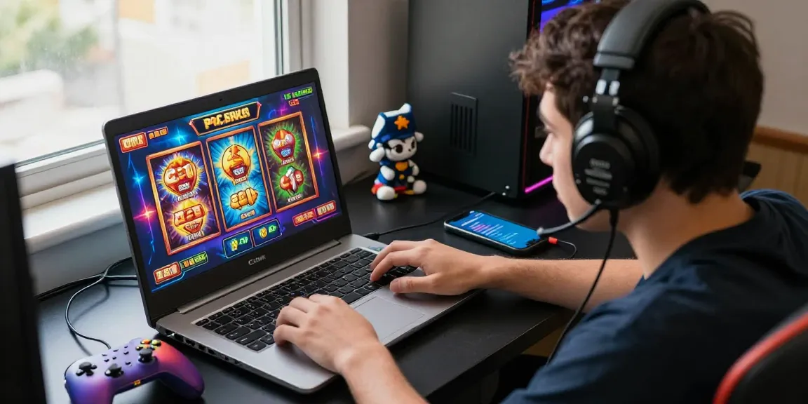 Player engaging in a thrilling slot gacor game, showcasing vibrant graphics and energetic online gaming vibes.