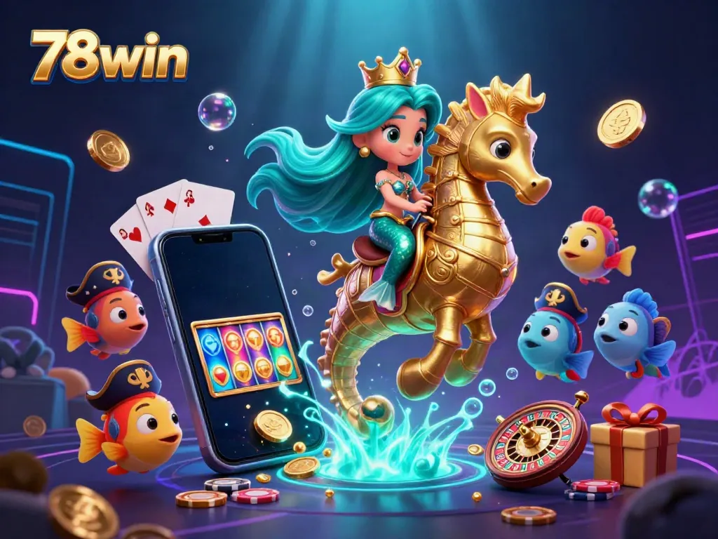 Experience the excitement of 78win with a vibrant underwater casino scene featuring a mermaid riding a seahorse.