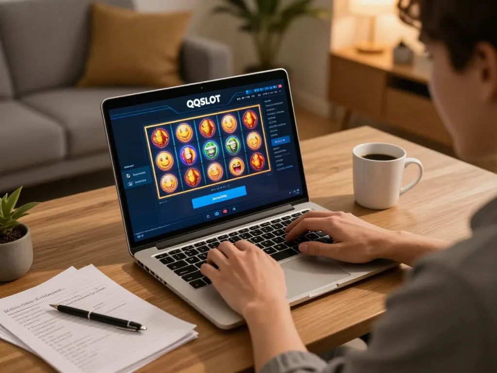 Engaging in QQSLOT login while playing online slots in a cozy home setting.