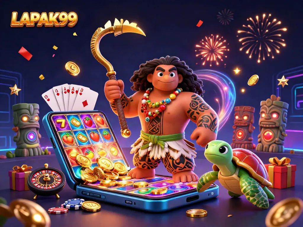 LAPAK99 elevates your gaming with a vibrant slot scene featuring exciting symbolic elements.