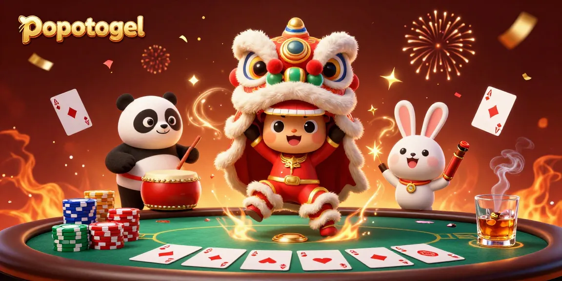 Experience the vibrant popotogel lion dance amidst poker excitement and festive decorations.