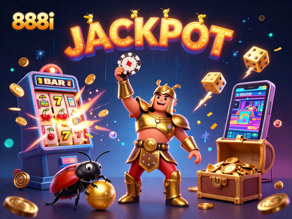 Celebrate big wins at 888i with a vibrant casino scene featuring jackpots, colorful games, and more!