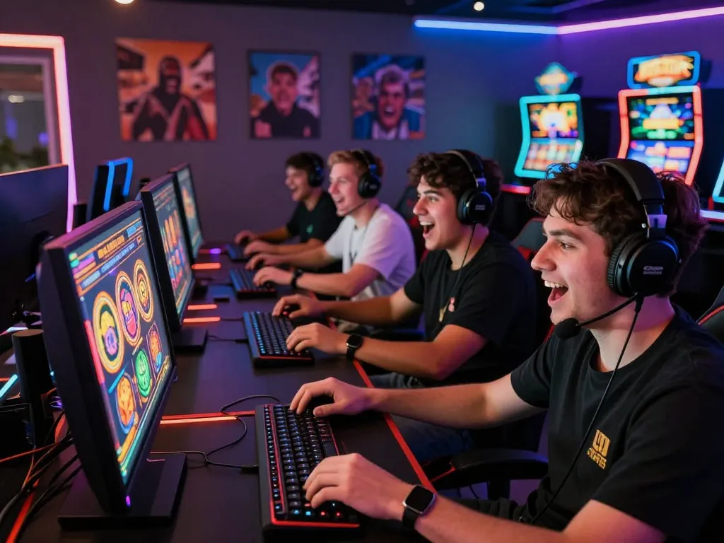 Pemain yang bersemangat terlibat dengan slot online VIRUS88 di ruang permainan yang cerah.